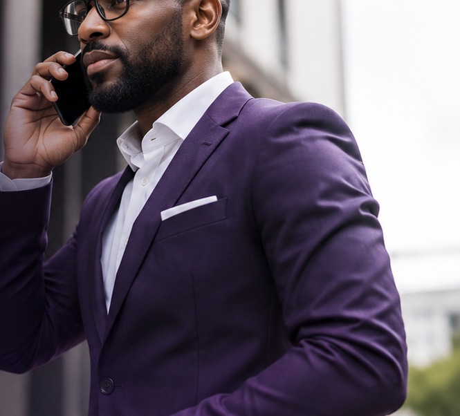 Stratum Fintech member on a call outside a city office building
