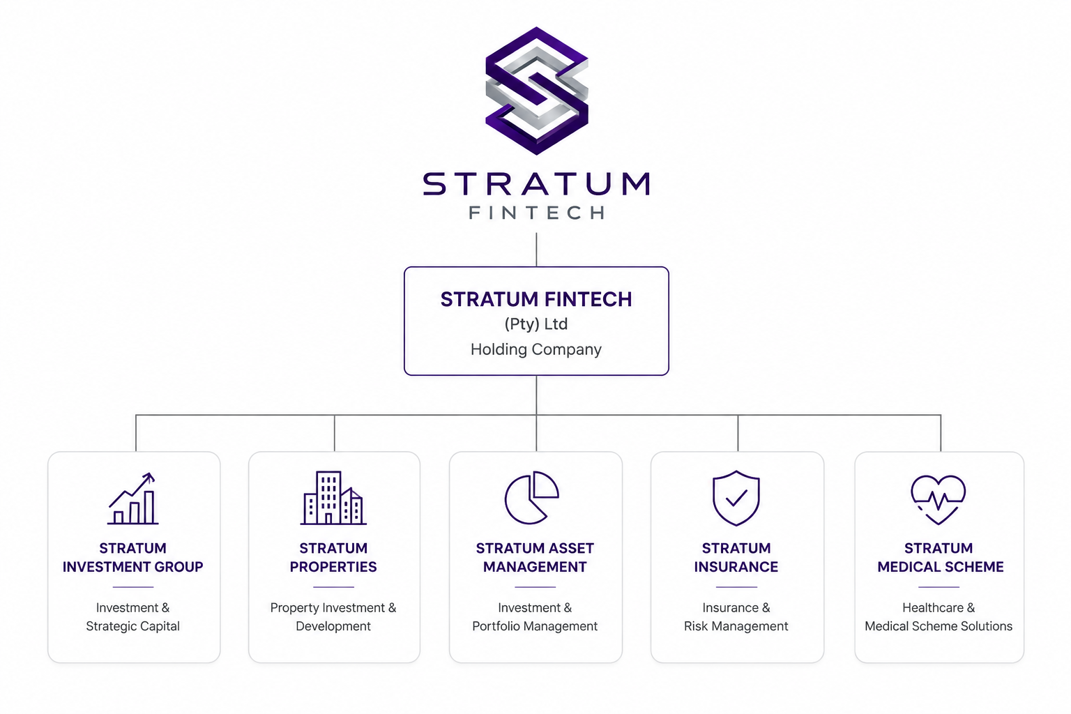 Stratum Fintech group structure: Stratum Fintech (Pty) Ltd holding company above Stratum Investment Group, Stratum Properties, Stratum Asset Management, Stratum Insurance and Stratum Medical Scheme