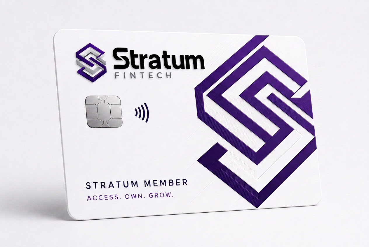 Stratum Fintech member card with dark purple layered S design
